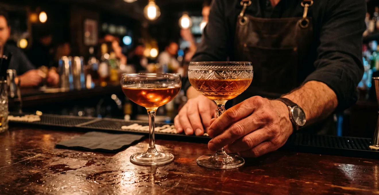 Des mains de barman comparent un verre gravé personnalisé à un verre standard sur un comptoir.