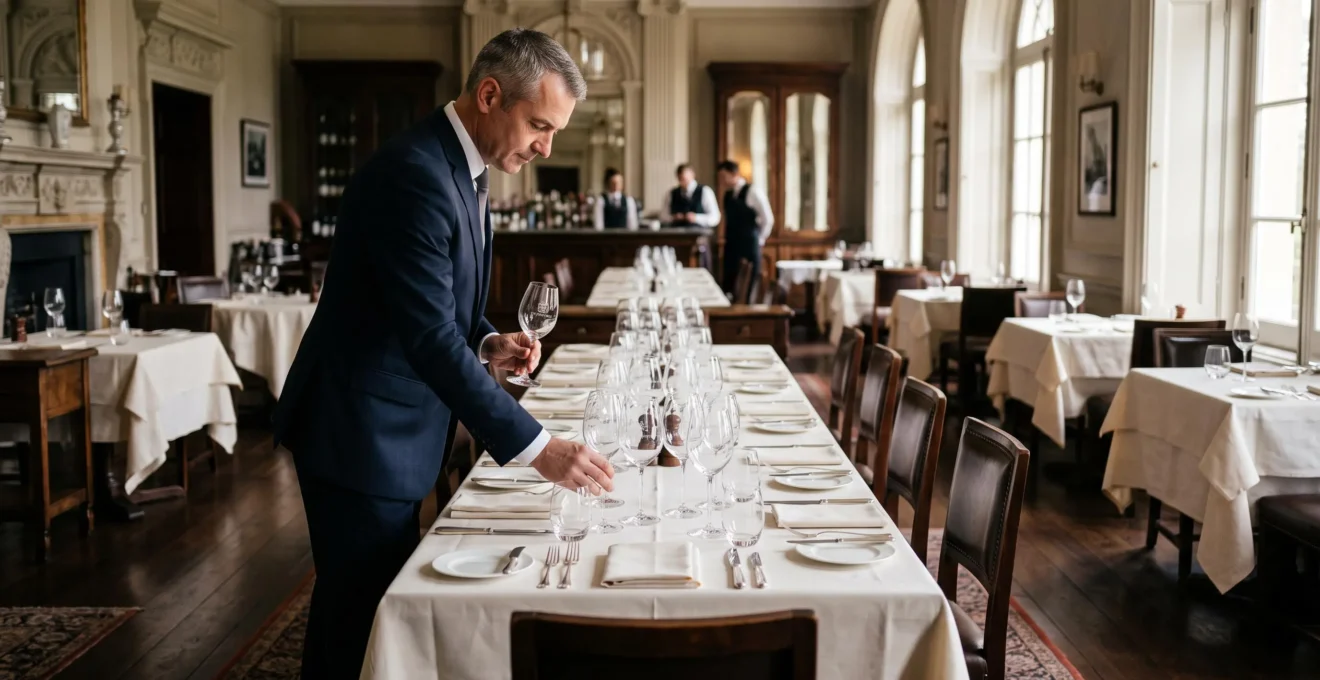 Un maître d'hôtel aligne des verres gravés personnalisés sur une table dressée du restaurant.