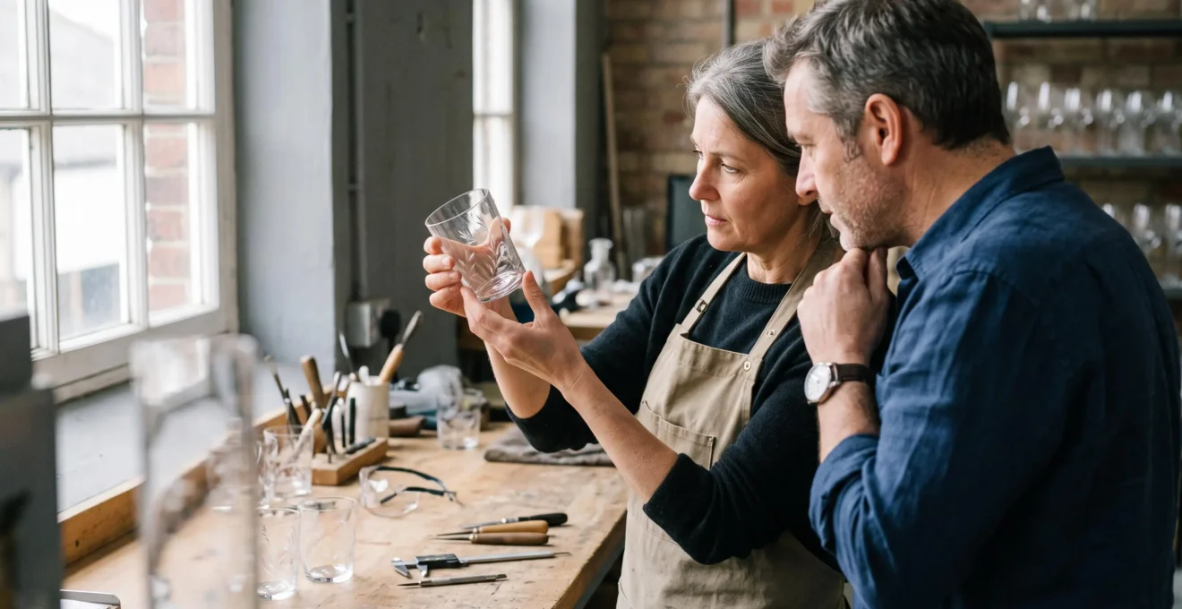 Un restaurateur et un artisan vérifient ensemble la gravure d'un verre échantillon en atelier.