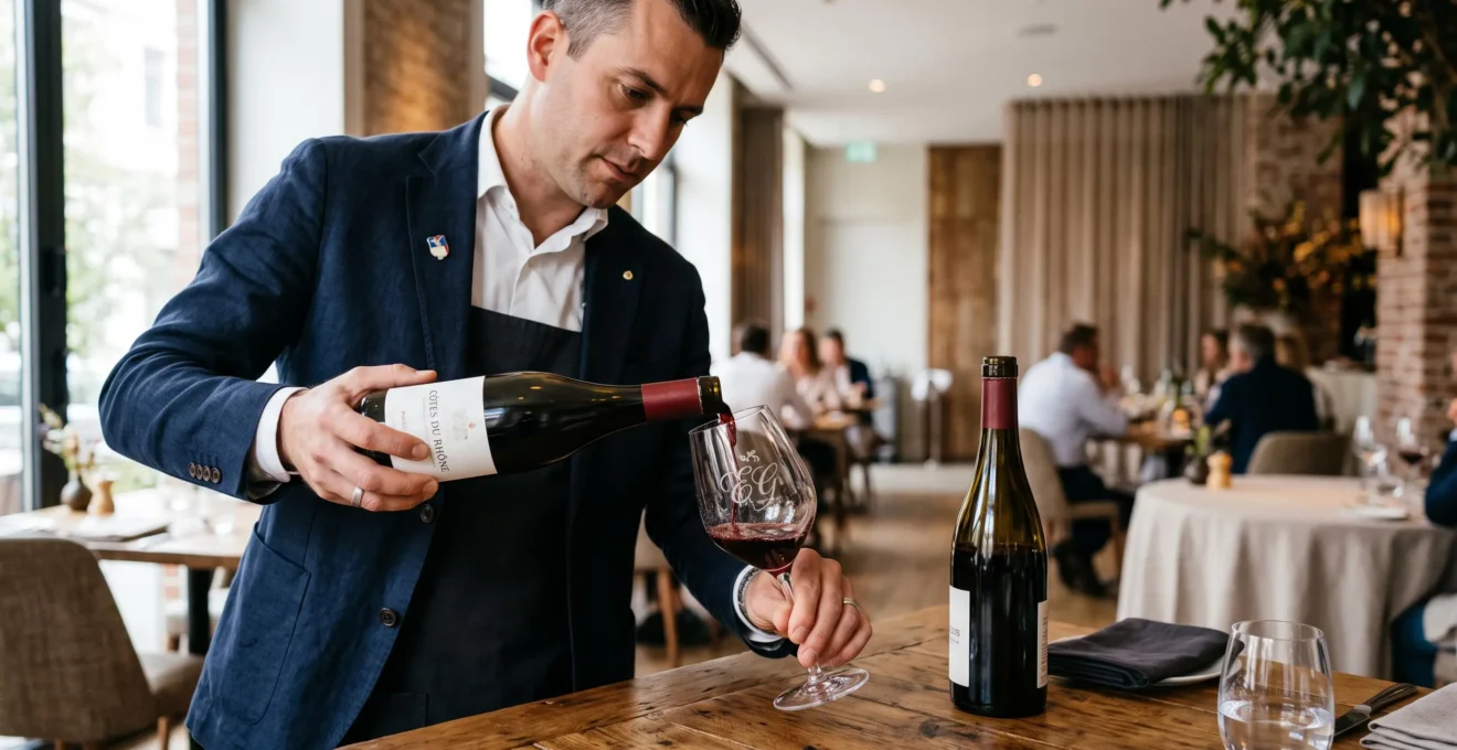 Un sommelier verse du vin rouge dans un verre gravé aux armoiries de l'établissement.