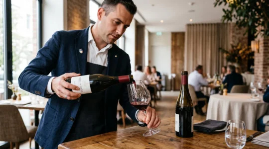 Un sommelier verse du vin rouge dans un verre gravé aux armoiries de l'établissement.